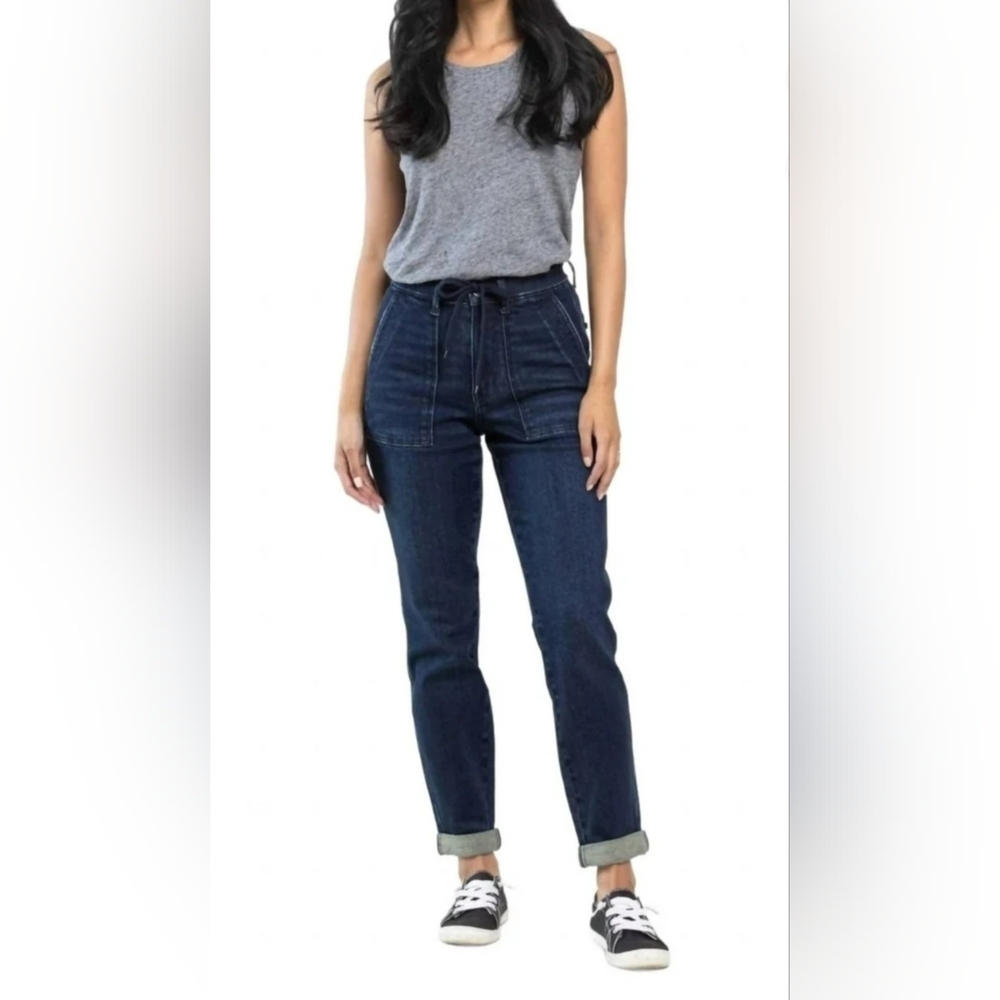 Judy Blue High Rise Dark Wash Double Cuffed Patch Pocket Denim Joggers 3/26